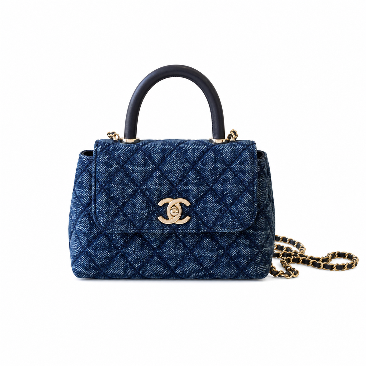 Chanel Coco Handle Quilted Denim Mini Flap | Navy & Gold Chain — 11cm