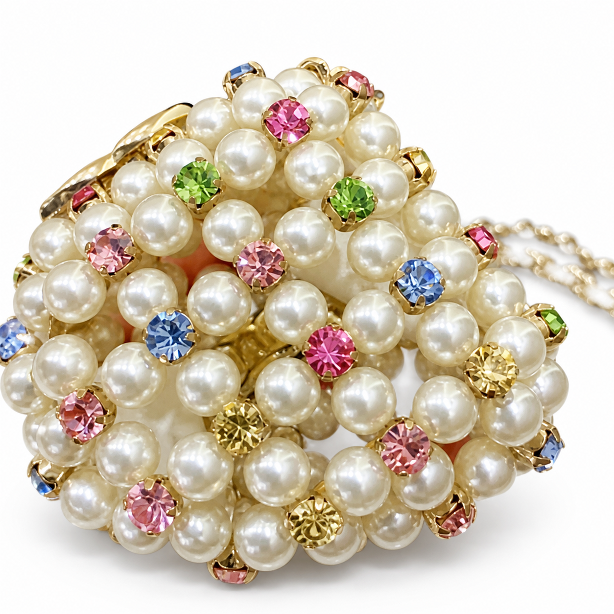Chanel Cream Pearl Minaudère Box Bag | Rhinestones & Pearl-Interwoven Chain — 8cm