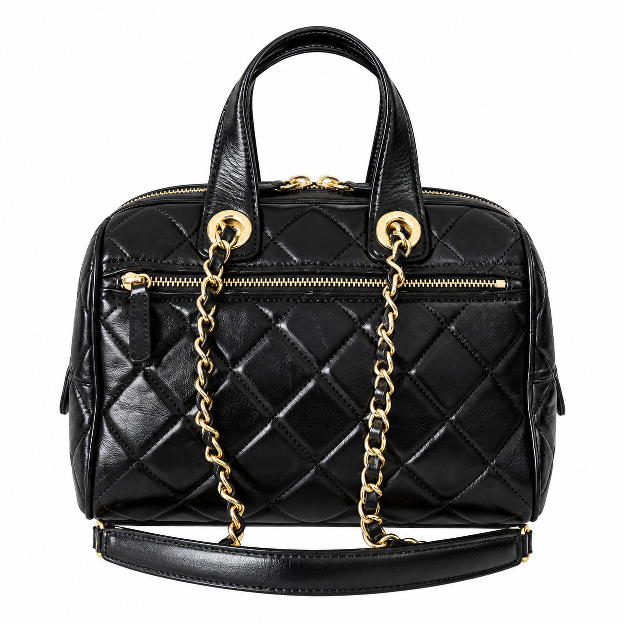 Chanel Quilted Aged Calfskin Bowling Bag Black Gold CC 21cm
