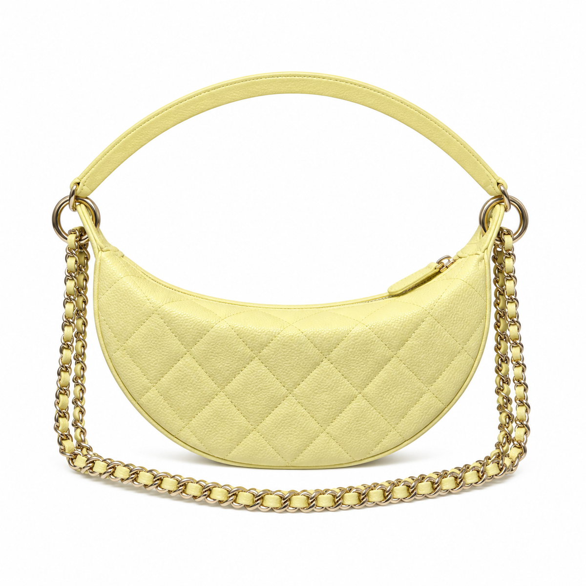 Chanel Crescent Hobo Quilted Caviar Lemon Yellow Leather Handle Gold 22cm