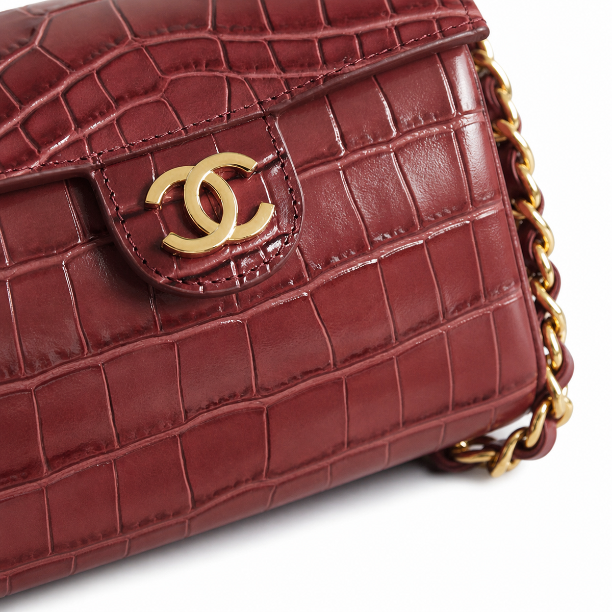 Chanel CC Croc-Embossed Cylindrical Flap Bag | Burgundy & Gold — 23cm
