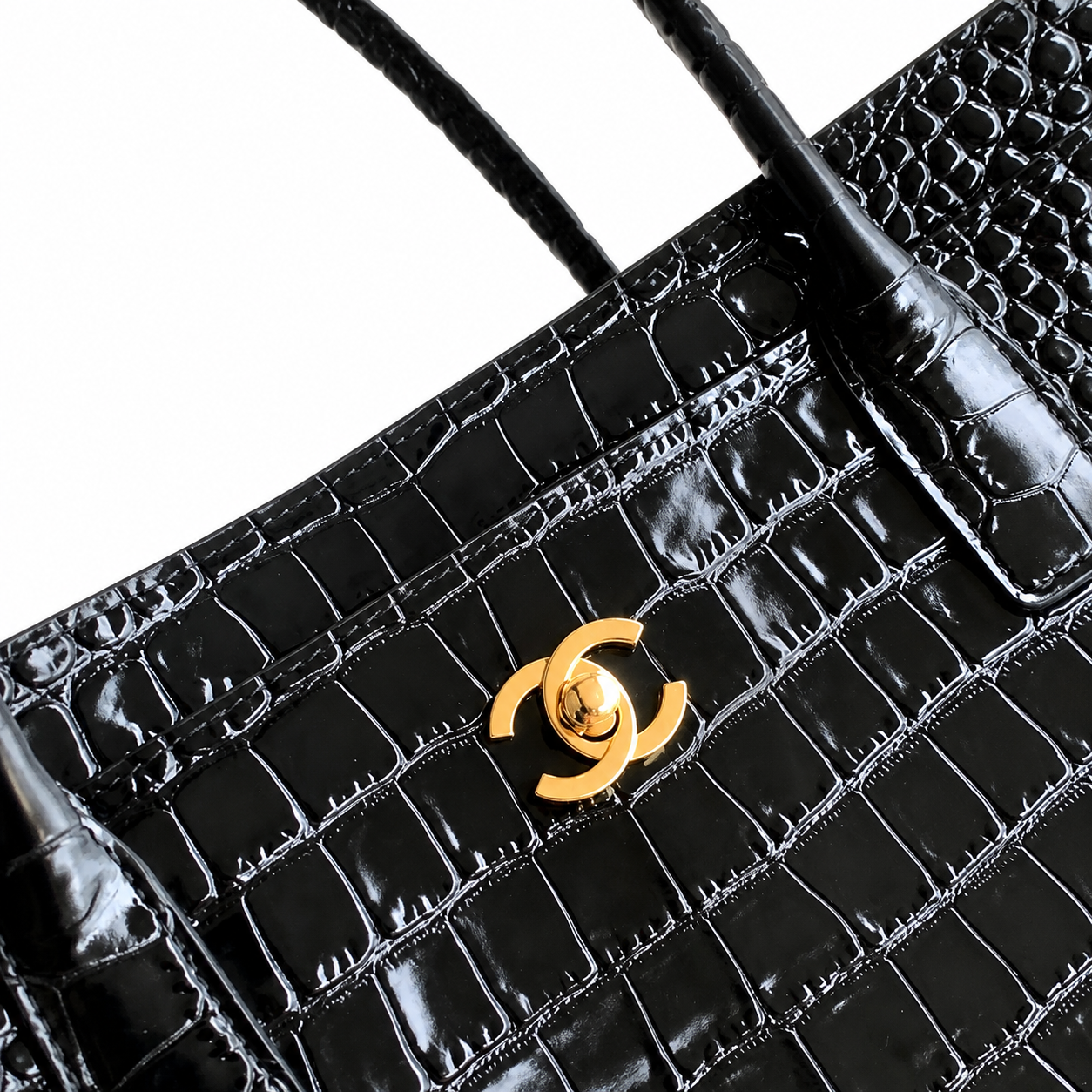 Chanel Black High-Gloss Croc-Embossed Large Shopping Tote | Gold CC Turn-Lock & Chain Zip Pocket