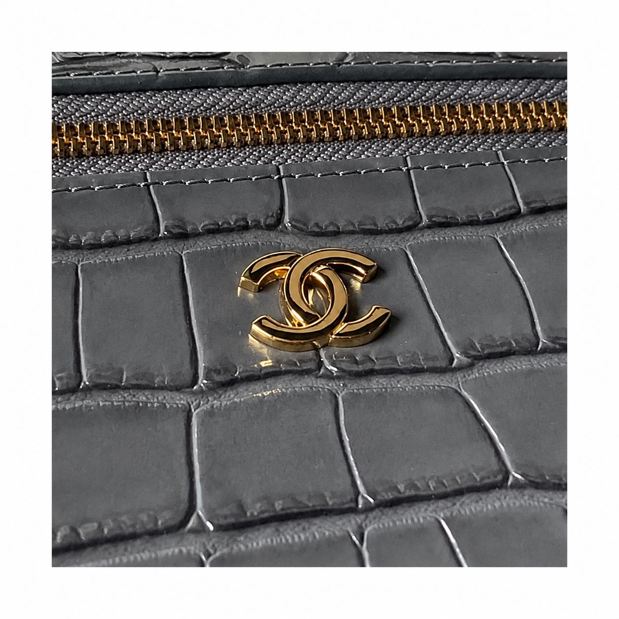 Chanel Slate Grey Croc-Embossed Structured Box Bag | Full-Width Front Zip & Antique Gold Chain