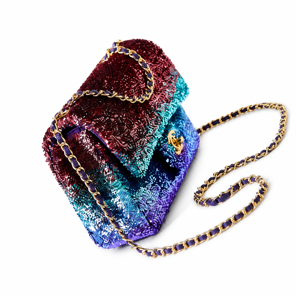 Chanel Aurora Ombré Sequin Flap Bag | Burgundy to Teal to Violet 5-Zone Gradient, Champagne Gold CC & Purple Chain