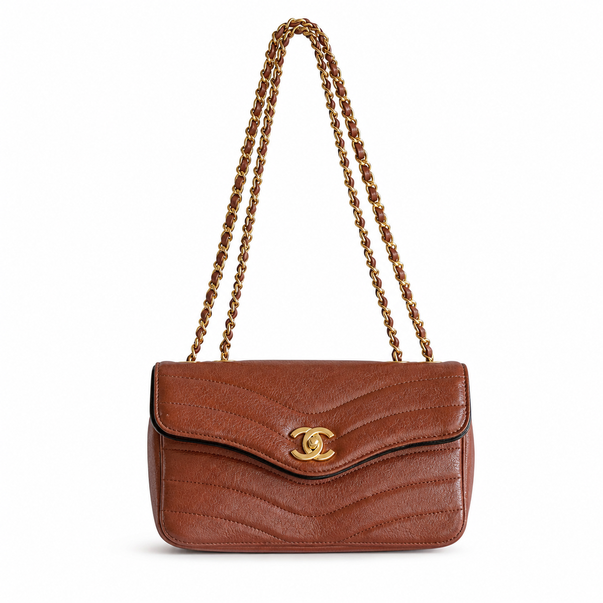 Chanel Wave-Quilted Mini Flap Cognac Lambskin | Gold Push-Lock & Burgundy Interior — 27cm