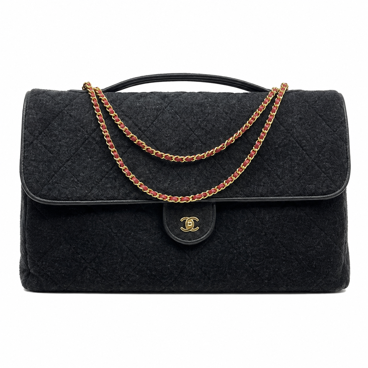 Chanel Wool Felt Quilted Maxi Flap Bag | CC Turn-Lock Gold Red Chain Black — 50x28cm