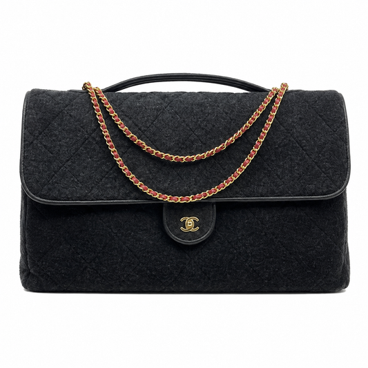 Chanel Wool Felt Quilted Maxi Flap Bag | CC Turn-Lock Gold Red Chain Black — 50x28cm