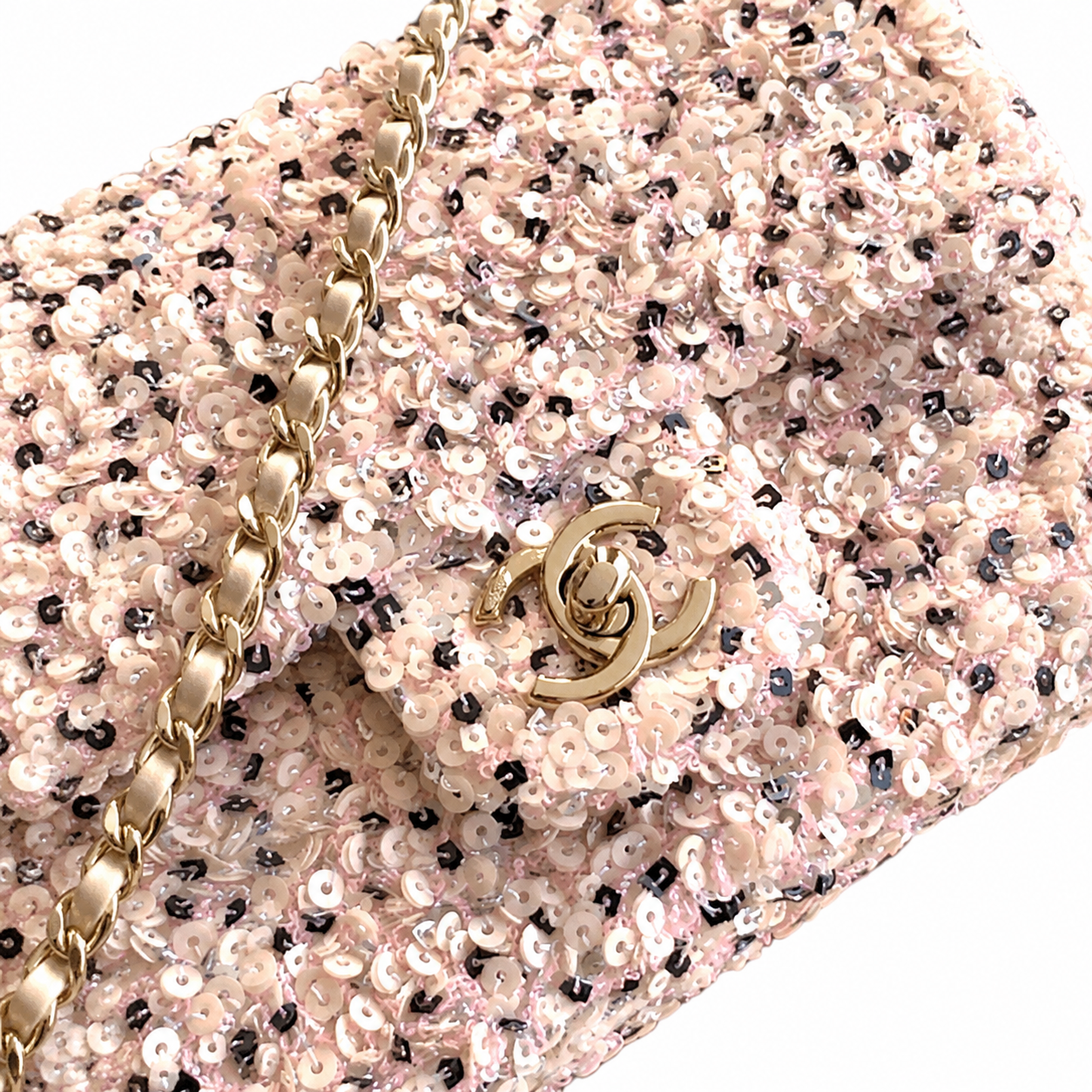 Chanel Floral Sequin Flap Bag | CC Turn-Lock Gold Chain Pink — 20cm