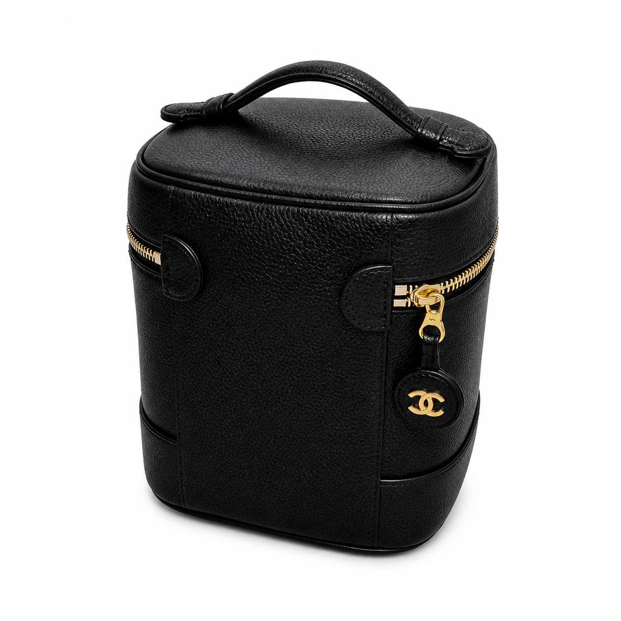 Chanel CC Caviar Leather Vanity Cylinder Case | Black & Gold Zip — 17cm