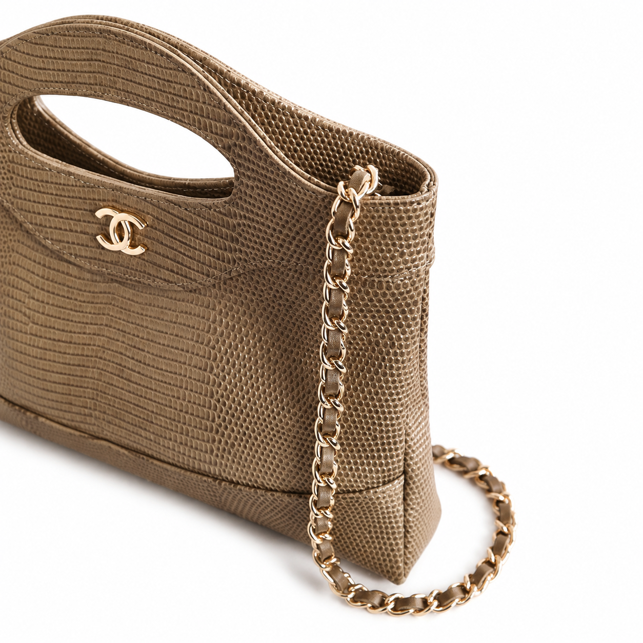 Chanel Olive Brown Lizard-Embossed Leather Tote | Cut-Out Handle, CC Logo & Gold Chain
