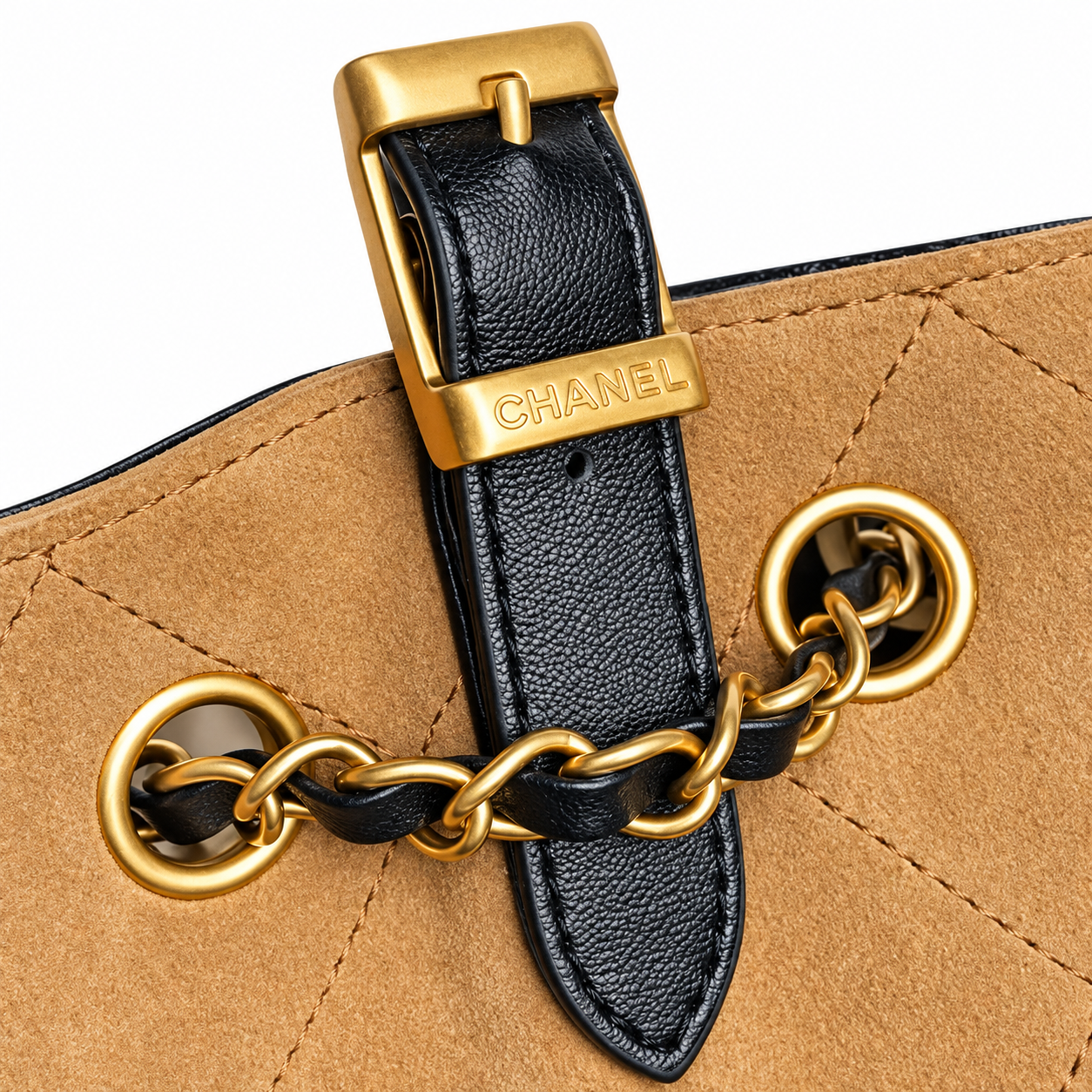 Chanel 24B Bicolor Suede Caviar Quilted Hobo Bag Camel Black 24×36×14cm