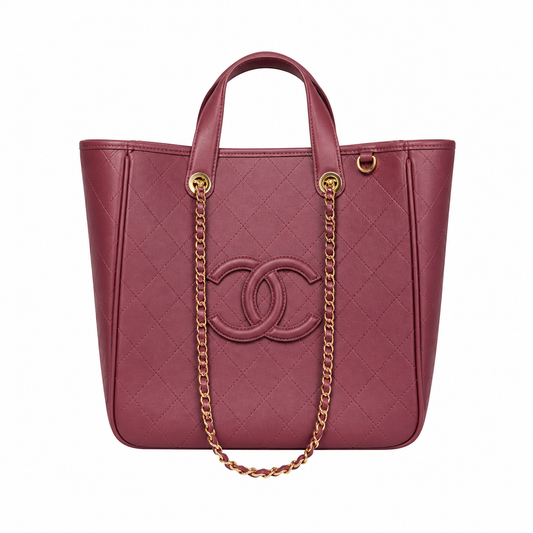 Chanel Burgundy Calfskin Large Shopping Tote | Raised CC & Gold Chain — 36cm