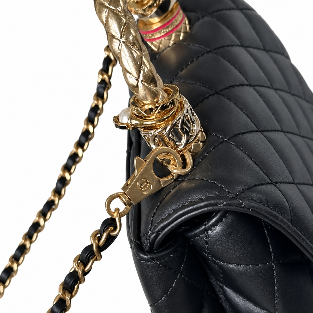 Chanel Black Quilted Lambskin Mini Flap | Jeweled Handle & Garnet Gemstone — 19cm