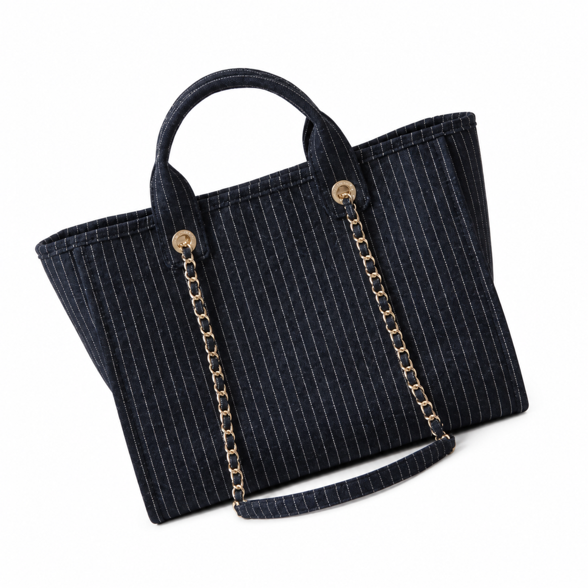 Chanel Deauville Tote Navy Pinstripe Tweed | Tonal CHANEL Embroidery — 32cm