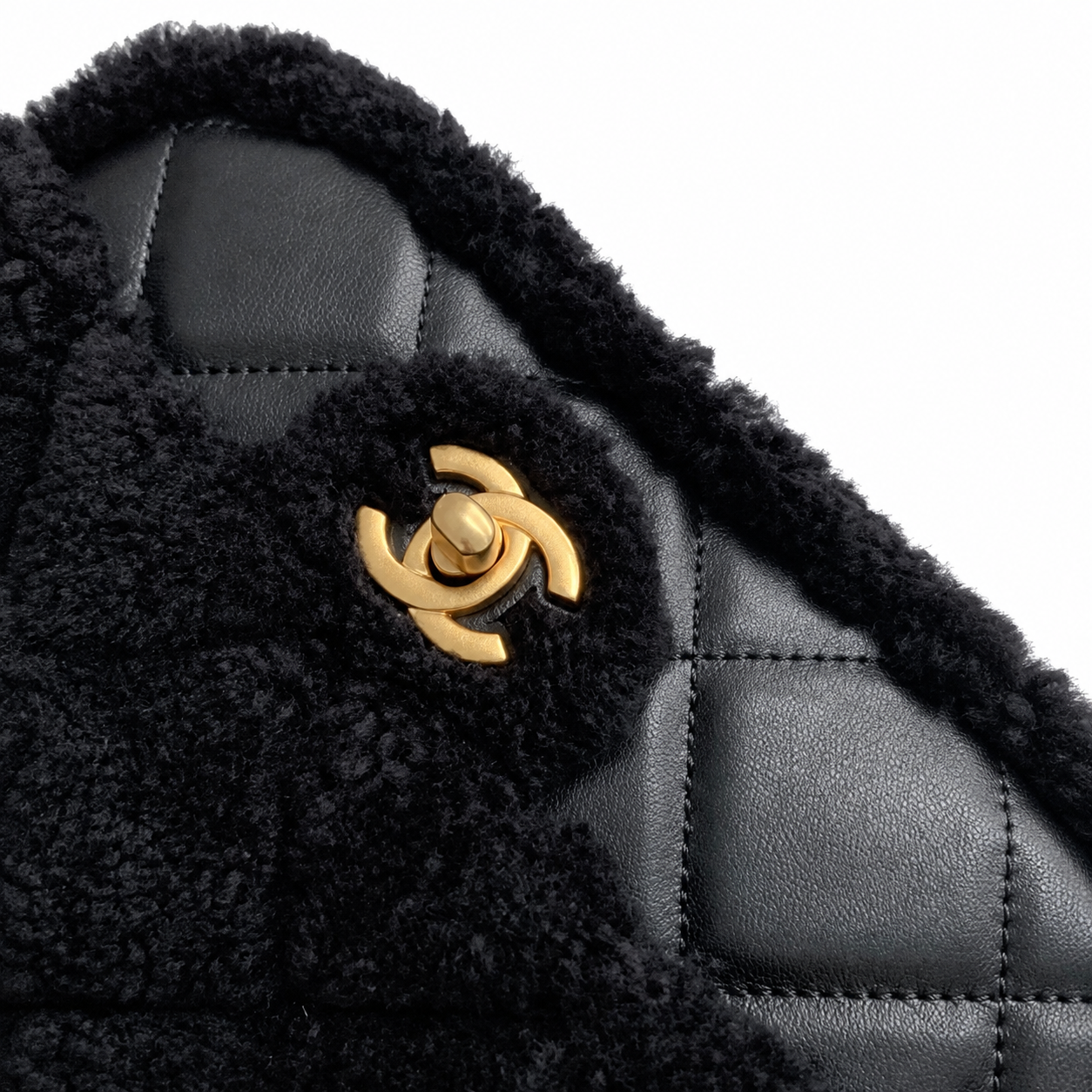 Chanel Shearling Quilted Flap Bag | Gold Leather Chain Black — 12x18cm