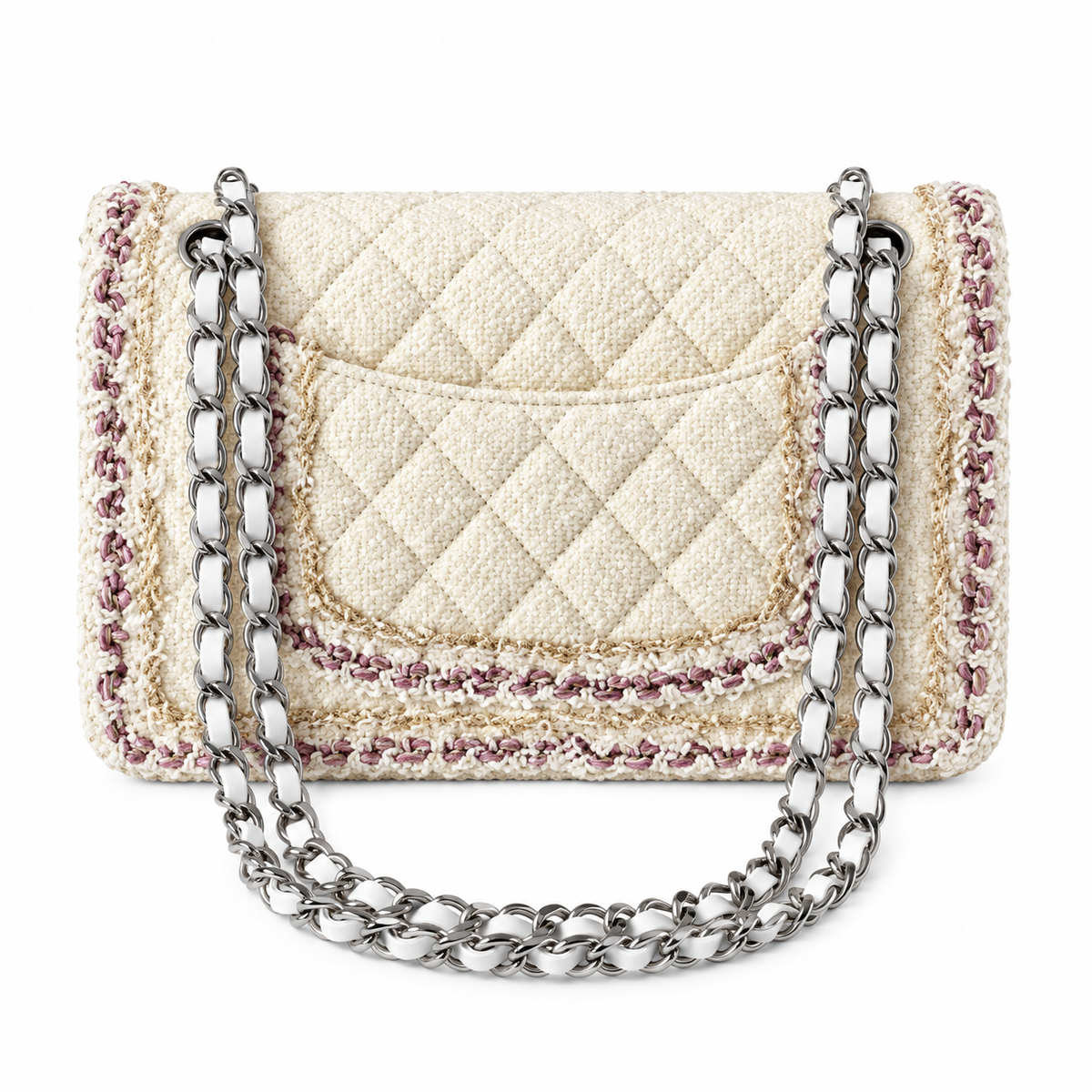 Chanel Classic Flap Quilted Tweed Multicolour Trim Ivory Silver 25cm