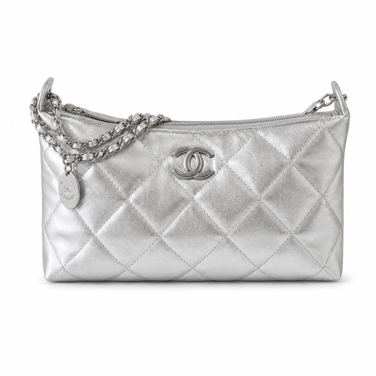 Chanel Silver Metallic Quilted Hobo | Tonal CC & Draped All-Chain Strap — 26cm