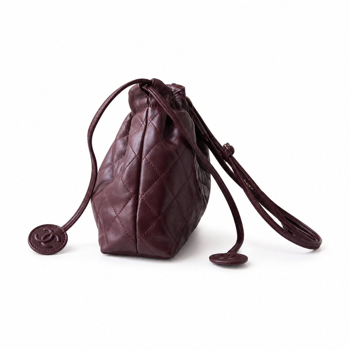 Chanel Burgundy Quilted Lambskin Drawstring Bucket | Tonal CC Coin Discs & Gold CC — 22cm