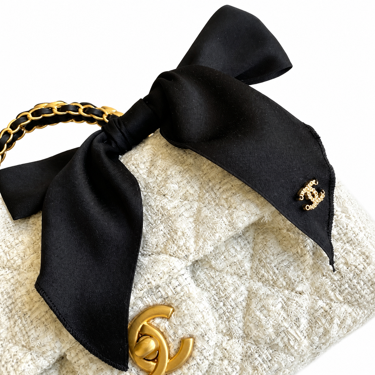 Chanel Quilted Flap Bag White Sparkle Tweed | Black Satin Bow & Gold Chain — 20cm