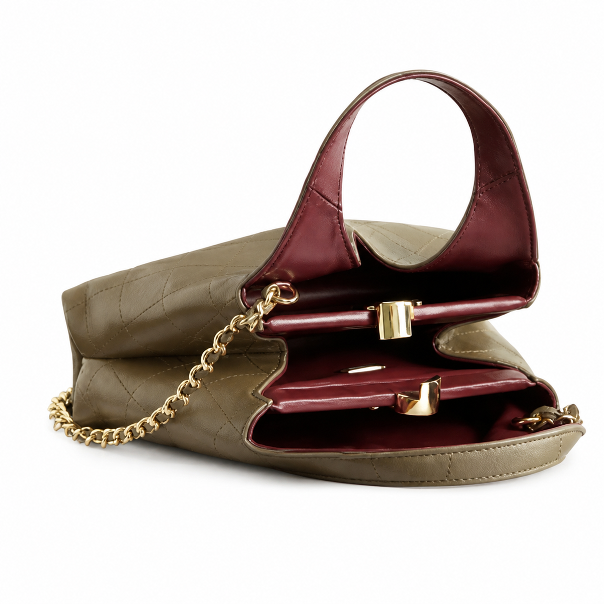 Chanel Large Hobo Bag Sage Green Diamond-Quilted Lambskin | Burgundy Interior & Gold CC Clasp — 32cm