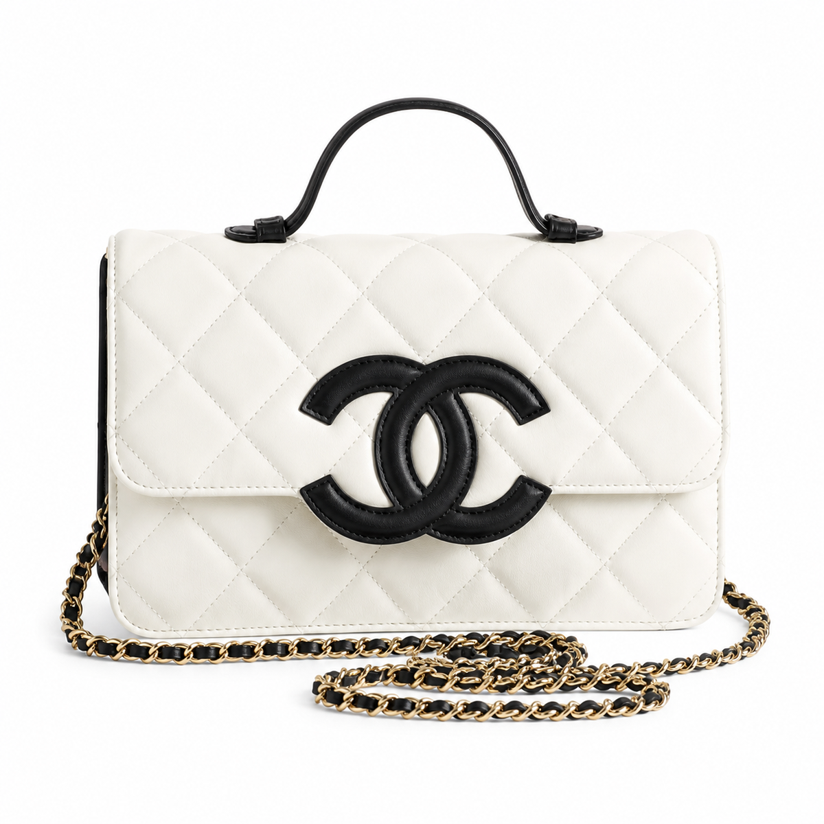 Chanel CC Quilted Box Bag | White & Black Top Handle — 24cm