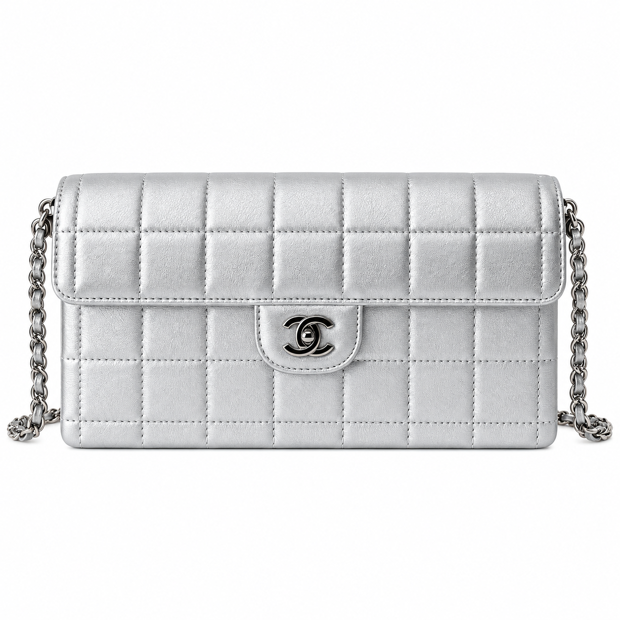 Chanel Metallic Square Quilted East West Flap Bag Silver 26cm