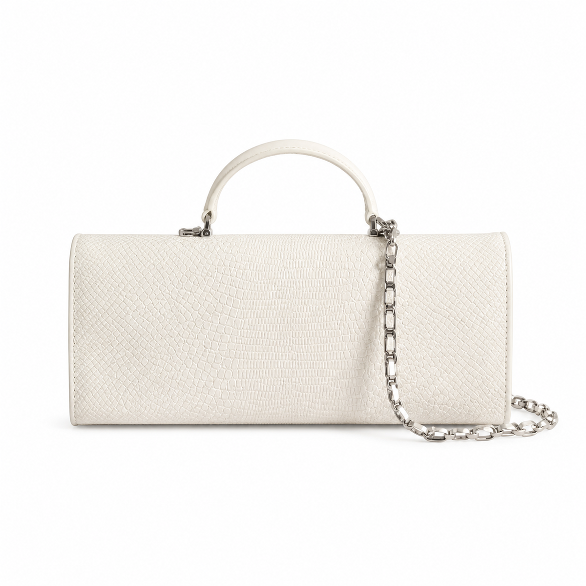 Chanel CC Embossed Cylindrical Flap Bag | White & Silver — 25cm