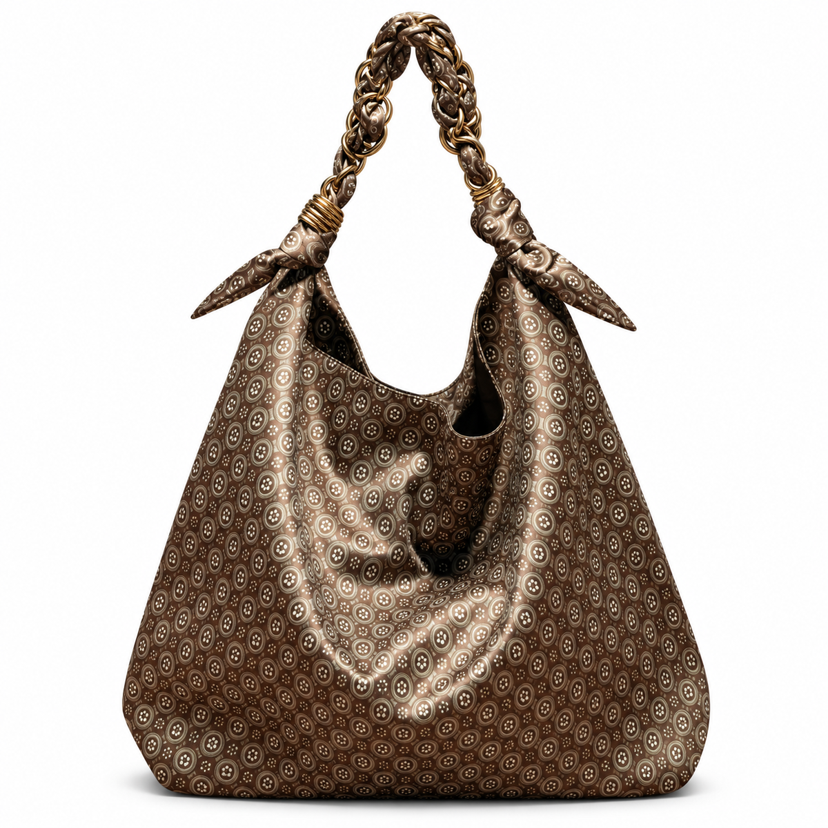YSL Saint Laurent Squchy Hobo Bag Brown Floral Print Satin Braided Gold Chain
