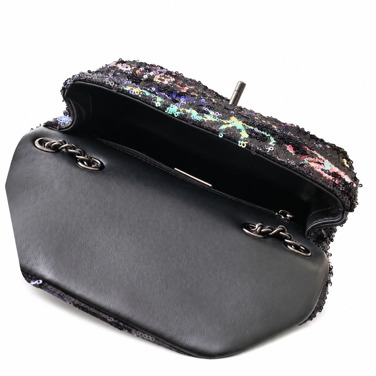 Chanel Black Sequin Graffiti Flap Bag | Neon Pink & Purple CHANEL COCO Text, Turquoise Accent & Gunmetal Chain