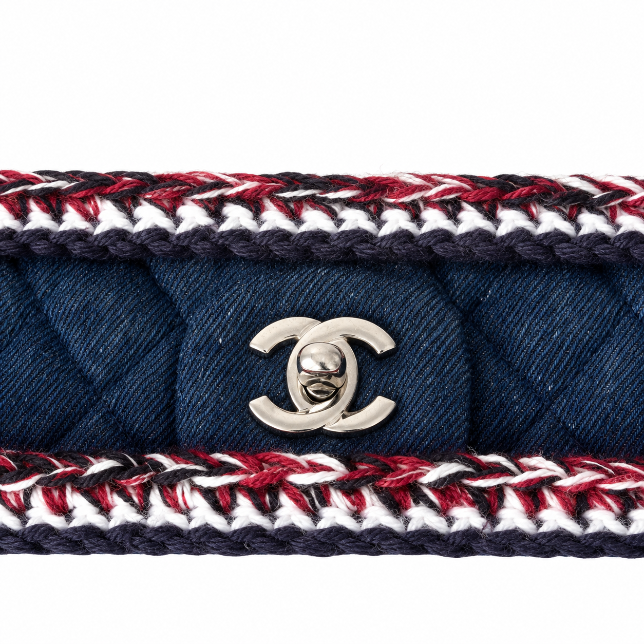 Chanel Quilted Navy Denim Flap Bag Multicolor Braid Trim 25cm