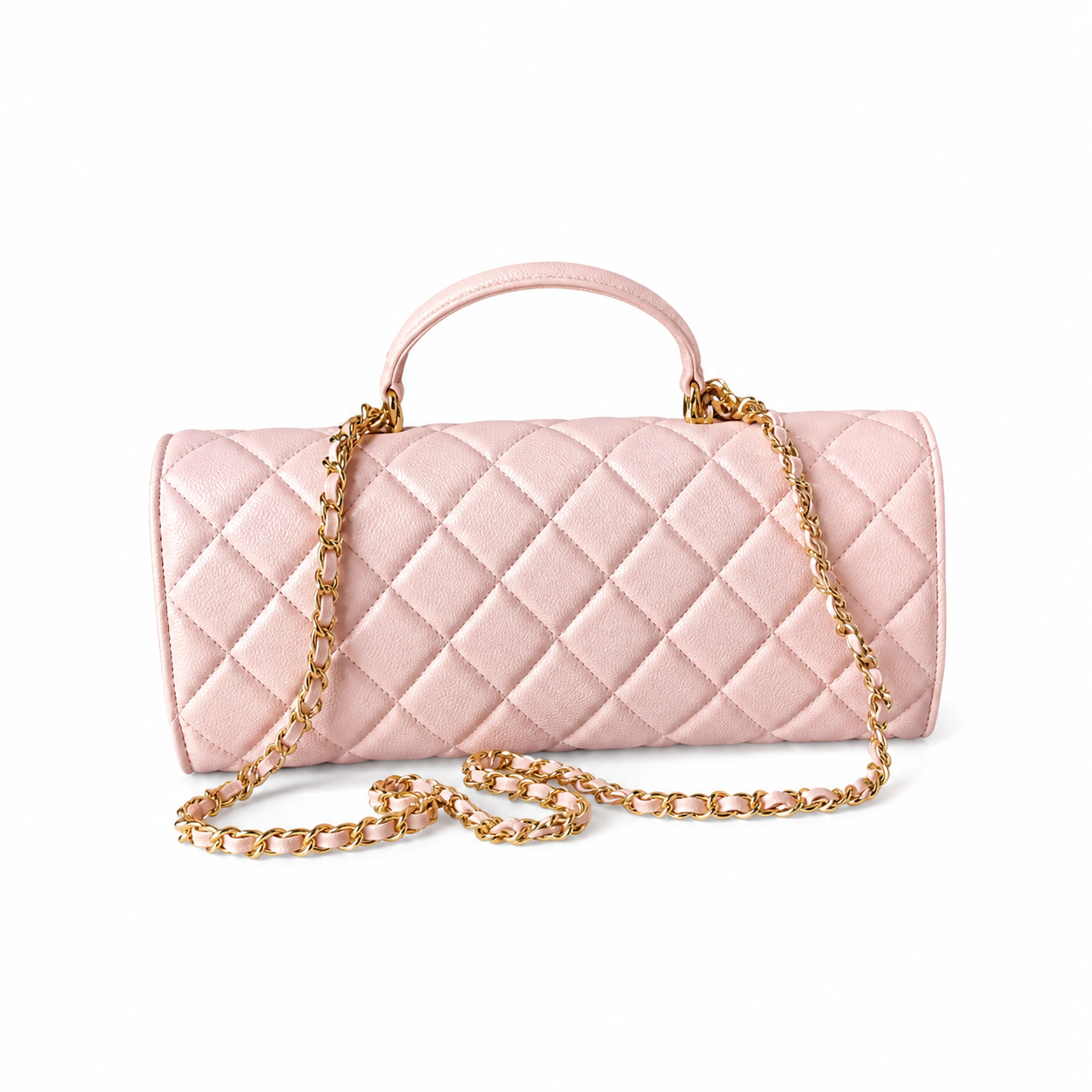 Chanel Petal Pink Diamond-Quilted Lambskin Elongated Flap Bag | Gold Heart Charms & Gold Chain