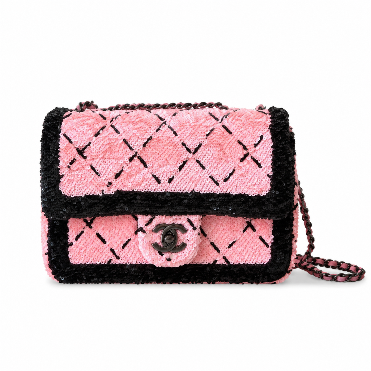 Chanel Pink Oversized Sequin Quilted Diamond Flap Bag | Black Micro-Sequin Grid & Border Frame, Gunmetal Chain