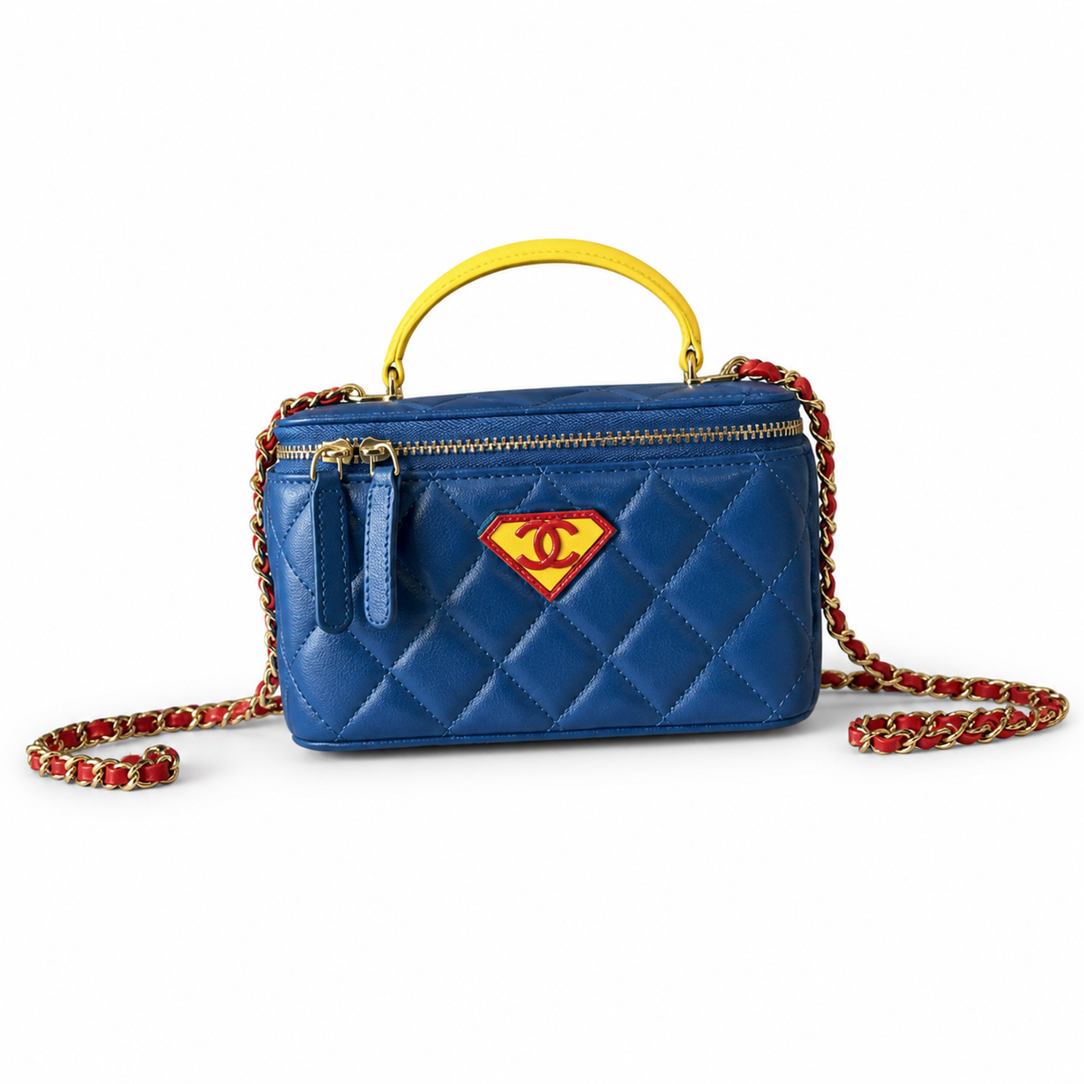 Chanel Tricolor Blue, Red & Yellow Quilted Lambskin Vanity Box | Yellow Handle — 17cm