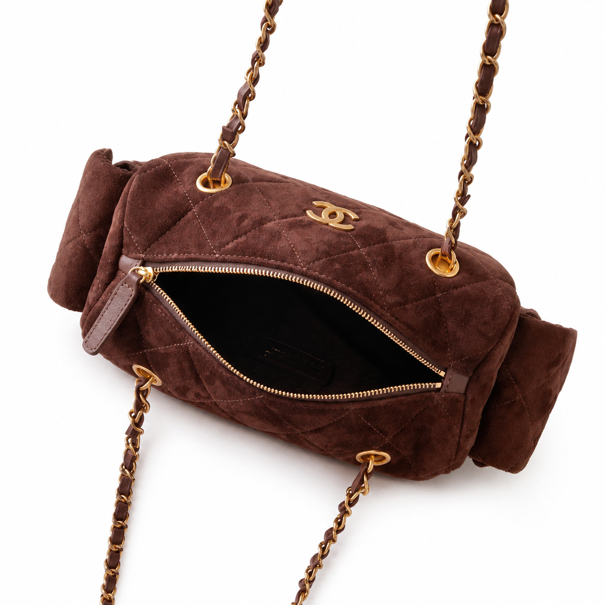 Chanel Deep Chocolate Brown Suede Quilted Camera Bag | Gold CC, Tonal Side Pockets & Double Chain with Brown Interlace