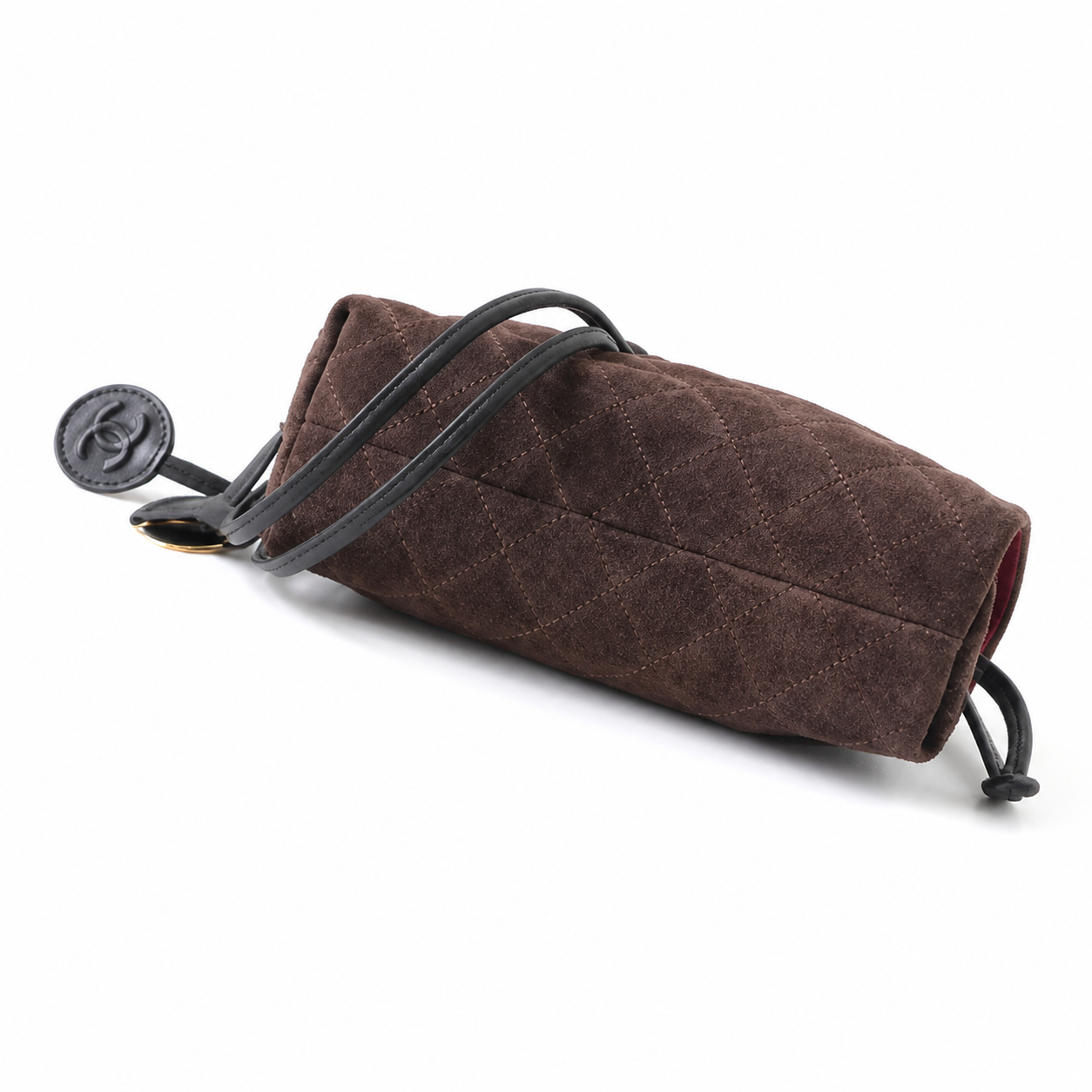 Chanel Chocolate Quilted Suede Drawstring Bucket | Black Cords & Bordeaux Interior — 22cm