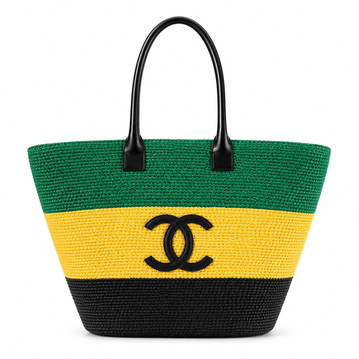 Chanel Green, Yellow & Black Raffia Market Tote | Woven CC & Leather Handles — 58cm