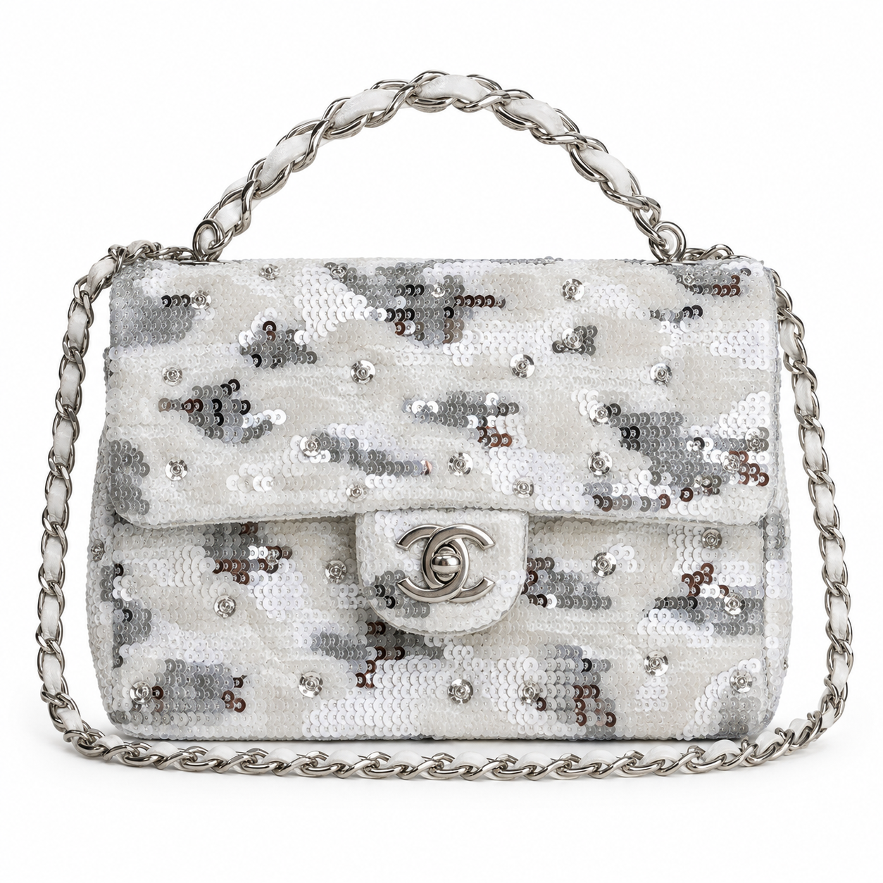 Chanel White & Silver Sequin Leopard Classic Flap Bag