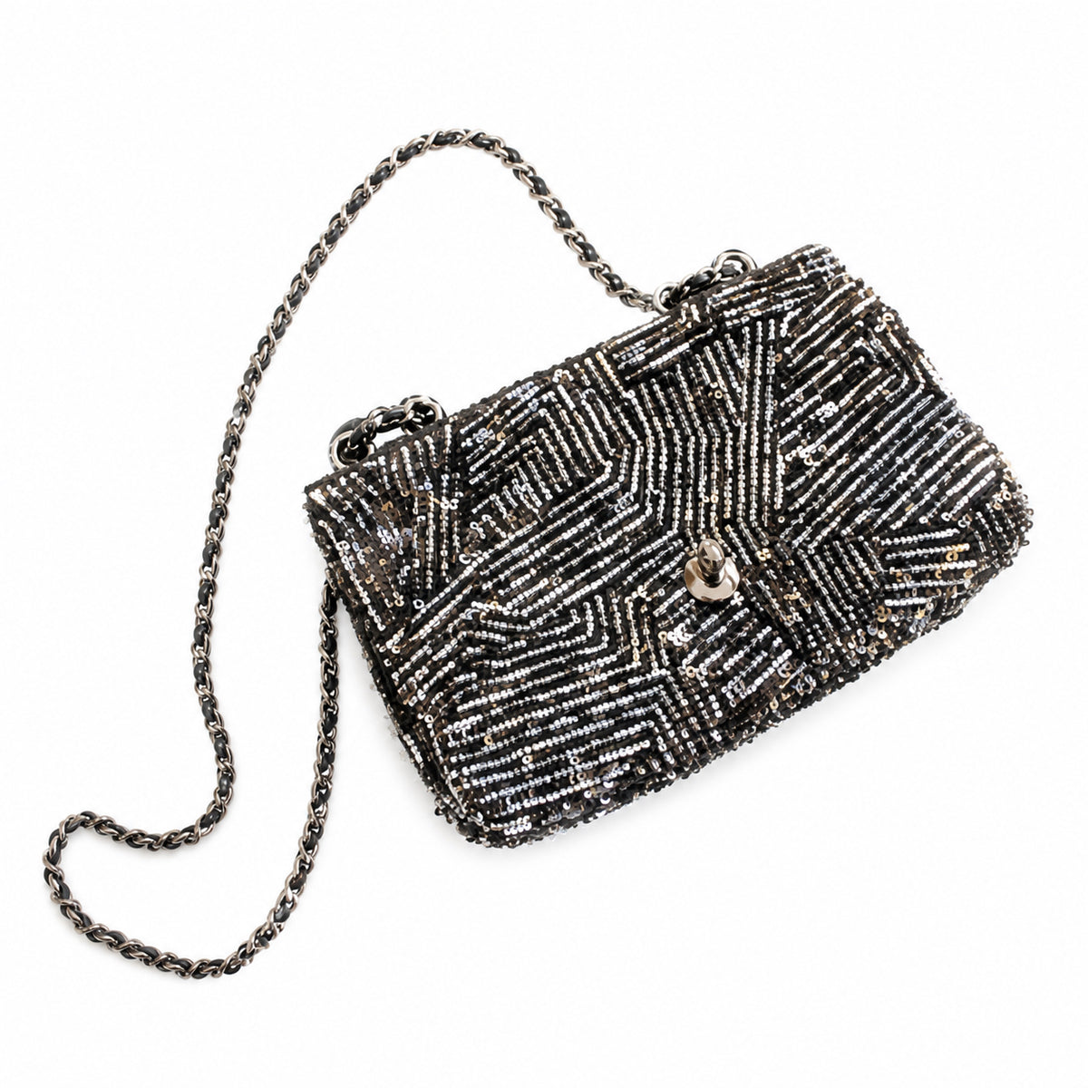 Chanel Small Flap Bag Black Micro-Bead & Sequin Hand-Embroidered Chevron | Ruthenium Chain — 20cm