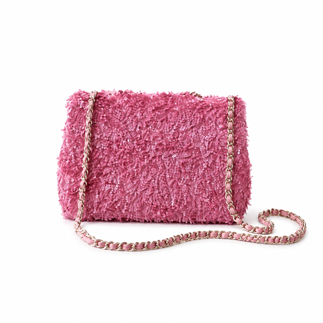 Chanel Pink Ring-Sequin & Leather Flap Bag | CHANEL PARIS Exterior Plaque, Rose Gold Chain & Full Pink Tonal System