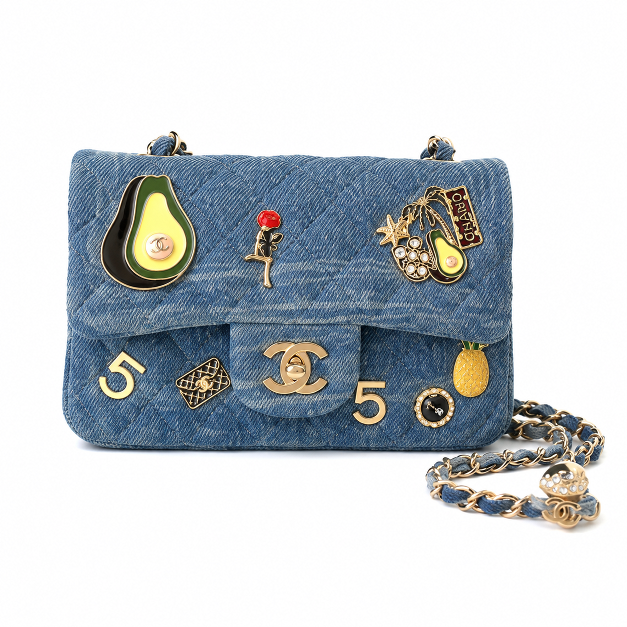 Chanel Denim Quilted Flap Bag | Heart Charm Gold Chain Blue — 20cm