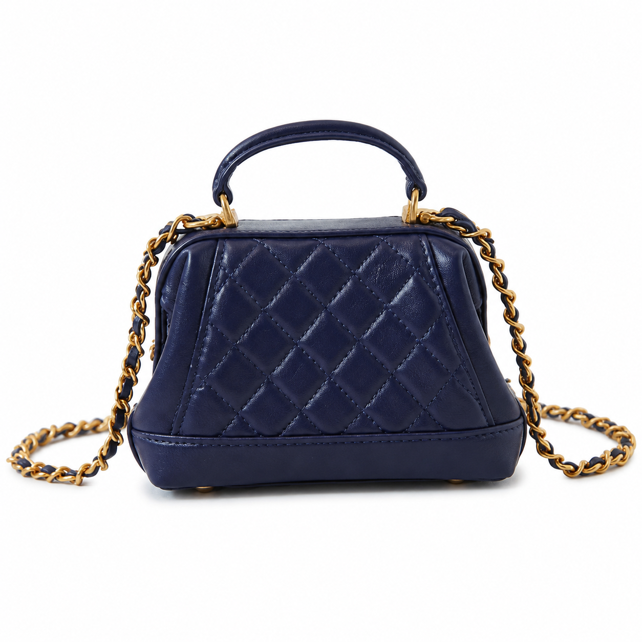Chanel Mini Top Handle Box Bag | CC Turn-Lock Gold Chain Navy Blue — 9x13cm