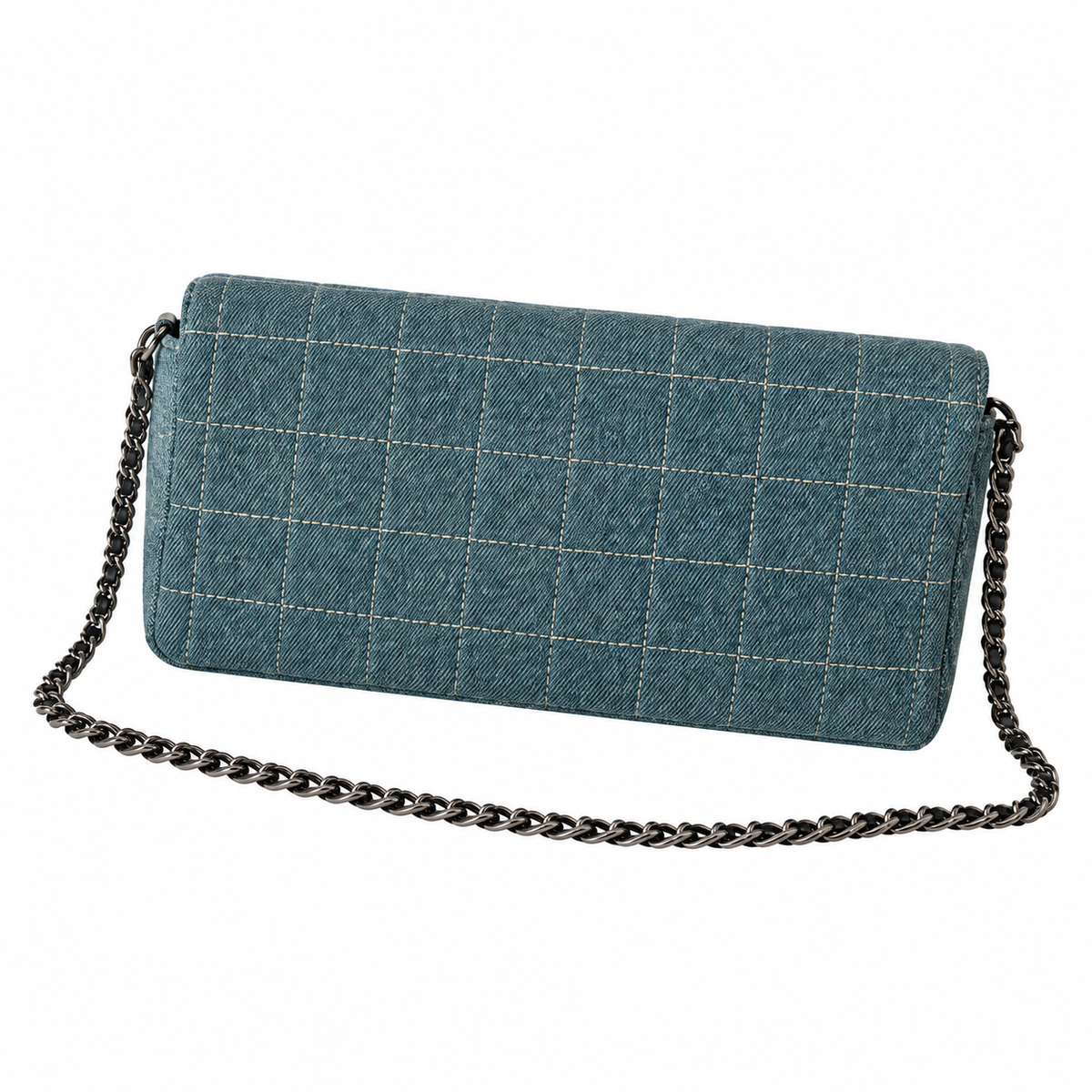 Chanel Denim Square Quilted East West Flap Bag Blue Ruthenium 26cm