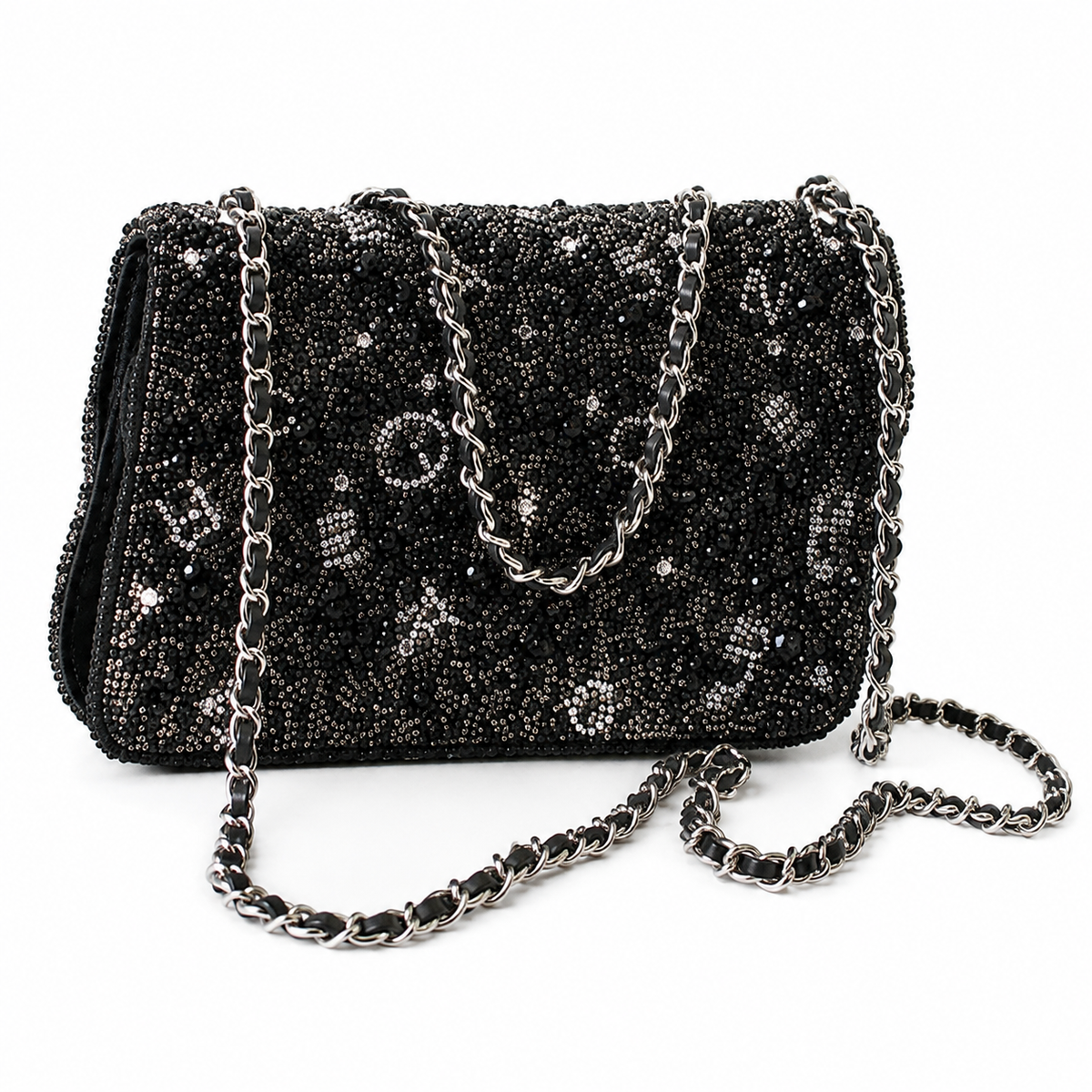 Chanel Crystal Star Flap Bag | CC Turn-Lock Silver Chain Black — 20cm