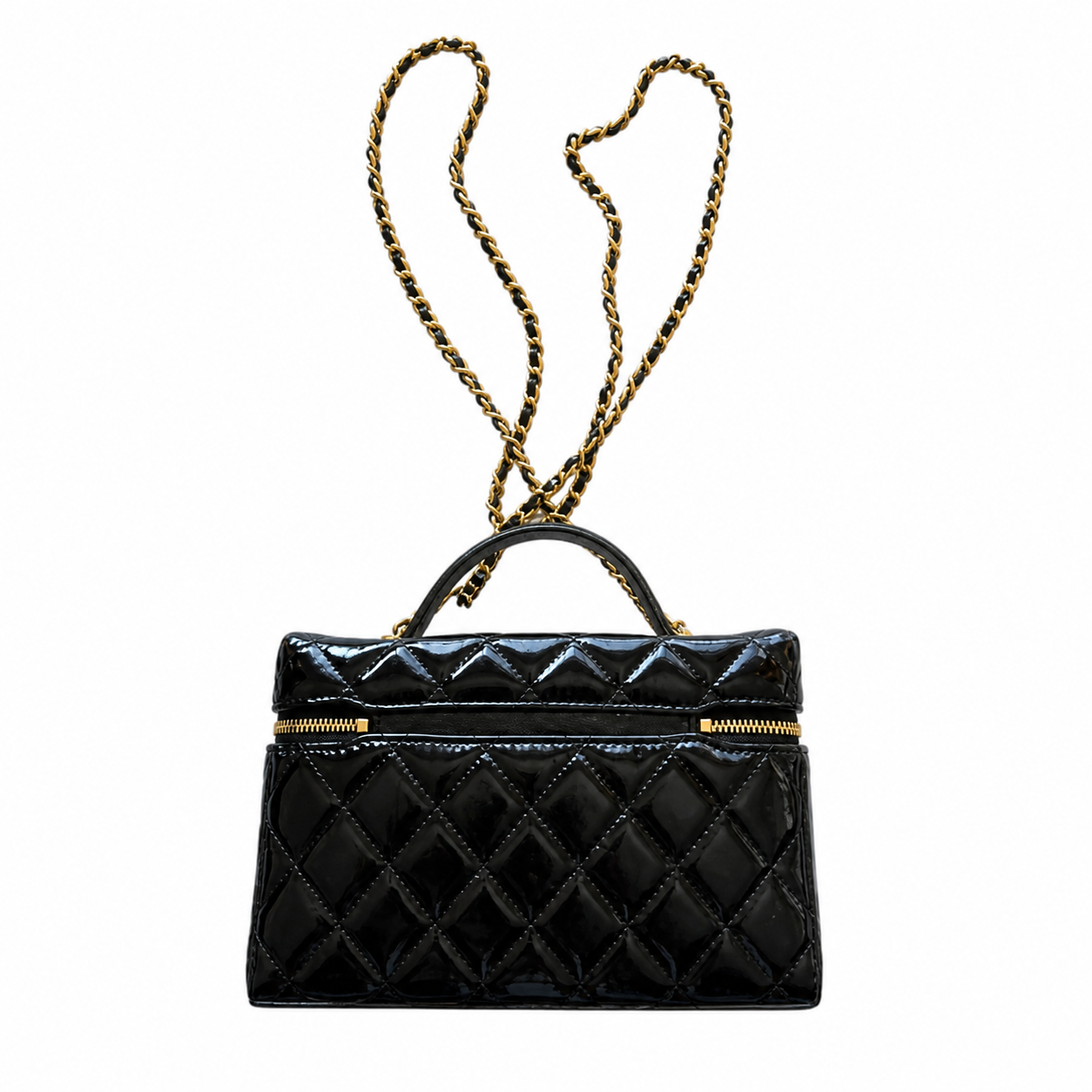 Chanel Pearl & Camellia CC Vanity Pouch Black Patent | Jewelled Gold CC & Chain — 19cm