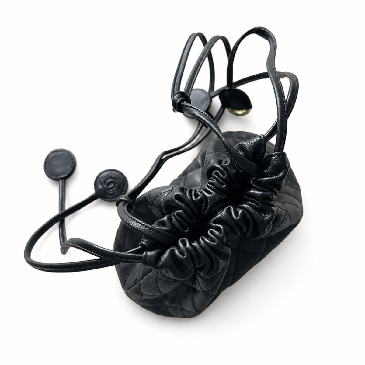 Chanel Black Lambskin Quilted Drawstring Bucket Bag | Four CC Coin Charms & Adjustable Strap