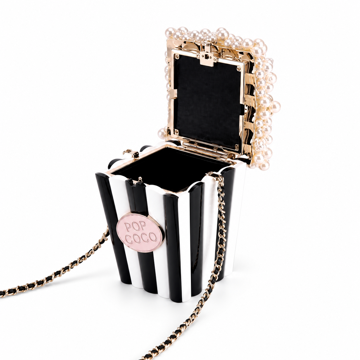 Chanel CC Pop Coco Pearl Popcorn Minaudiere | Black & White Stripe