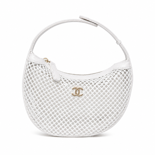 Chanel White Quilted Leather & Mesh Crescent Hobo Bag | Dual-Layer Construction & Silver Zip