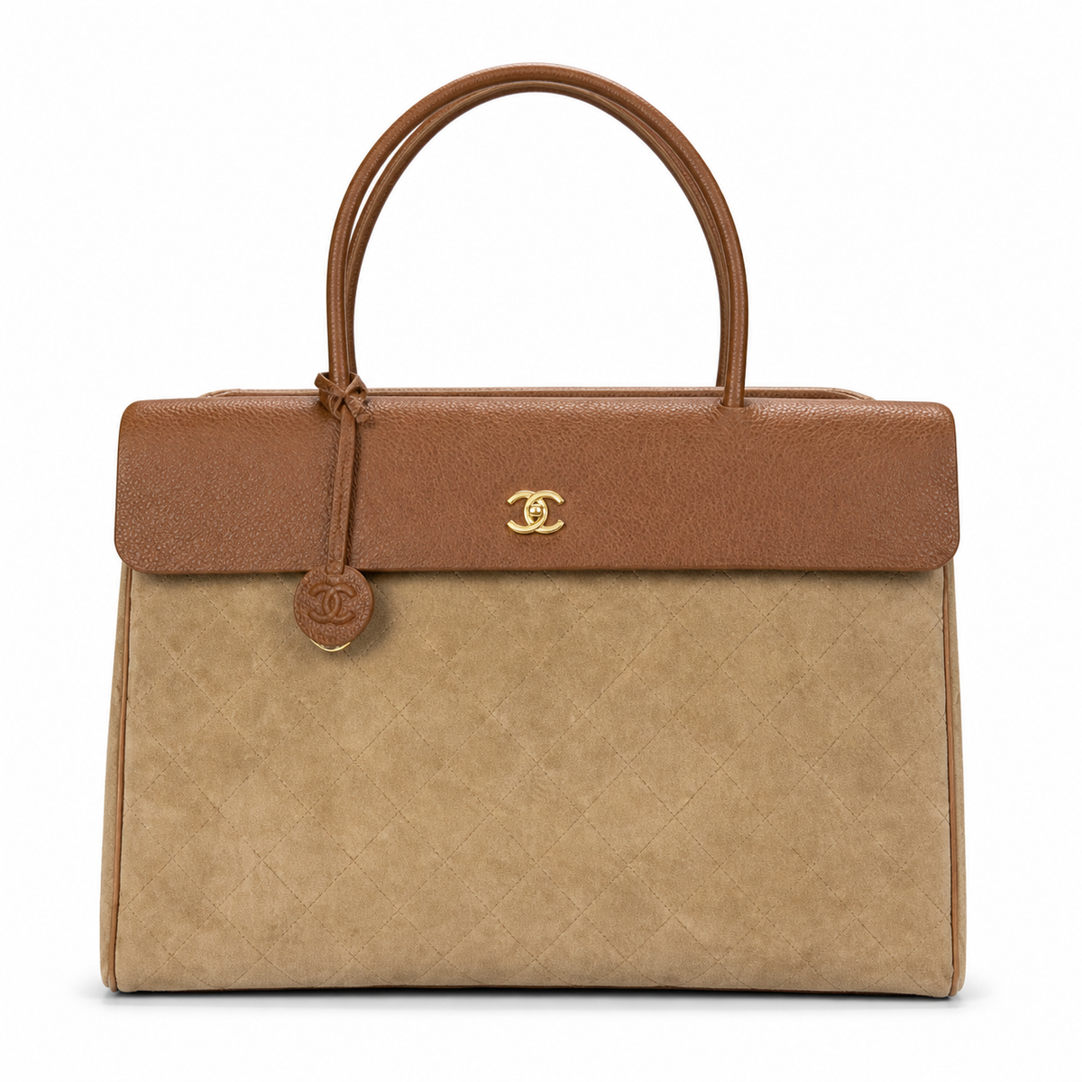 Chanel Large Tote Bag Natural Beige Quilted Canvas & Cognac Leather | Gold CC Turn-Lock — 42cm