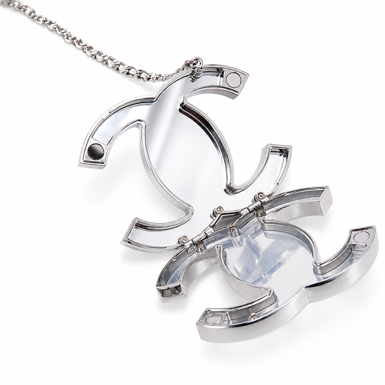 Chanel CC Logo Hard Shell Minaudiere | Silver Mirror & Chain — 10cm
