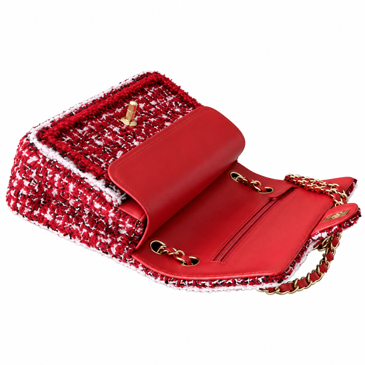Chanel Classic Double Flap Tweed Red Pink Black White Gold 25cm